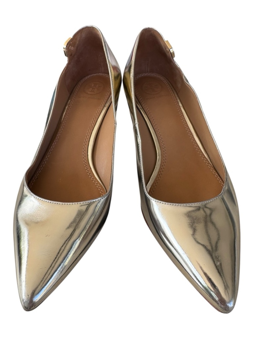 Tory Burch Gold Mirror Metallic Pointed Toe Kitten Heel Pumps - Size 8.5